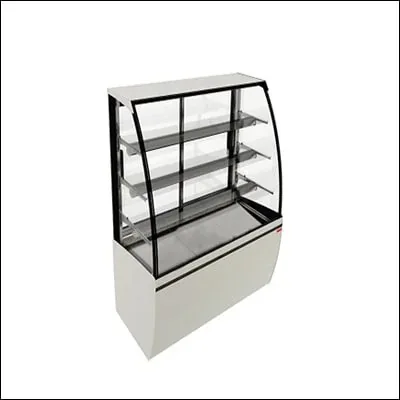 Curved glass tiered bakery display counter with illuminated shelves for cakes and pastries - commercial patisserie showcase