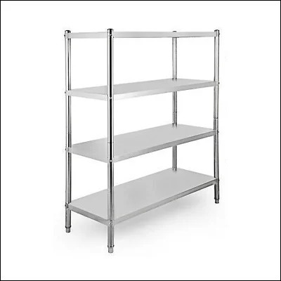 Stainless steel four-tier storage rack with solid flat shelves and adjustable feet - commercial shelving