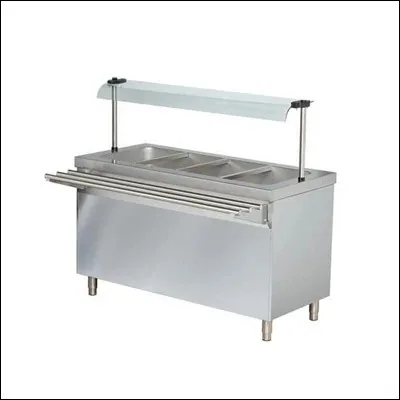 Stainless steel bain marie hot food service counter with overhead glass sneeze guard, tray slide and enclosed cabinet base - commercial buffet serving counter