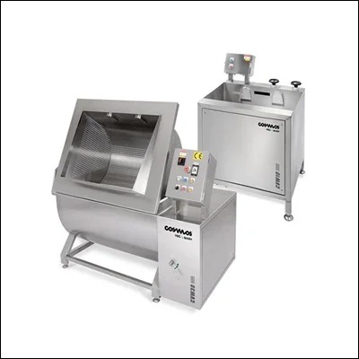 Stainless steel commercial meat mixing machine with tilting drum and control panel - bulk meat and marinade mixer