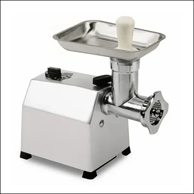Stainless steel benchtop electric meat mincer with feed tray, pusher and cutting plate - commercial meat grinding machine