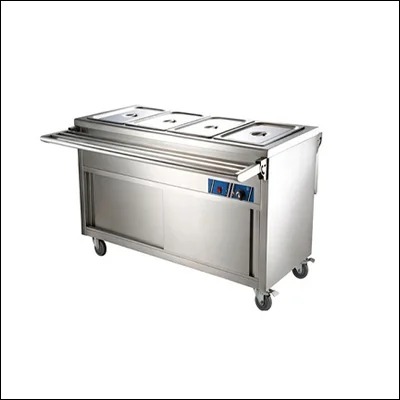 Stainless steel mobile bain marie food service counter with GN food wells, sliding-door cabinet base, tray slide and castors - commercial serving counter