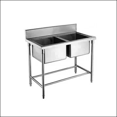 Stainless steel double bowl sink unit on tubular stand with cross bracing and splashback - commercial kitchen sink