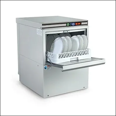 Stainless steel undercounter dishwasher loaded with plates in a wash rack - commercial dishwasher