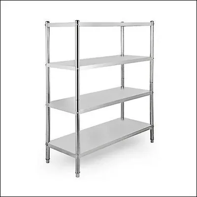 Stainless steel four-tier storage rack with solid flat shelves and adjustable feet - commercial shelving