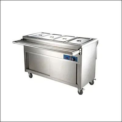 Stainless steel mobile bain marie food service counter with GN food wells, sliding-door cabinet base, tray slide and castors - commercial serving counter