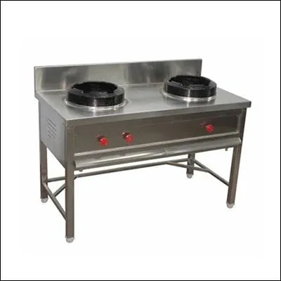 Stainless steel two burner Chinese cooking range with high-pressure wok burners and backsplash - commercial cooking equipment