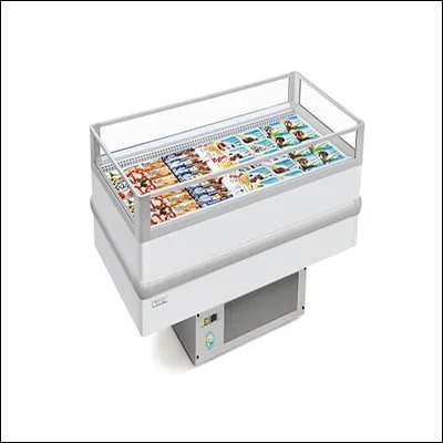 Glass top island display freezer stocked with frozen products for retail merchandising - commercial freestanding showcase freezer