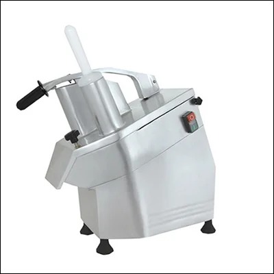 Stainless steel commercial vegetable cutter machine with feed hopper, pusher and interchangeable cutting discs - bench top veg prep machine