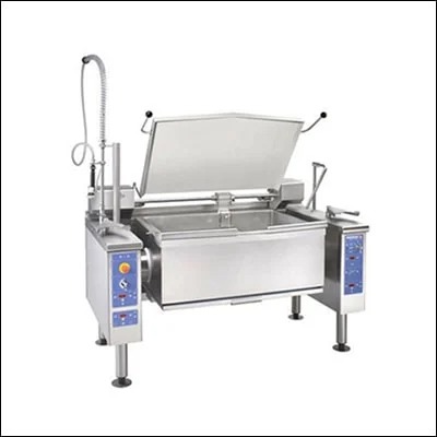 Stainless steel tilting bratt pan with hinged lid and tilt control for bulk cooking - commercial cooking equipment
