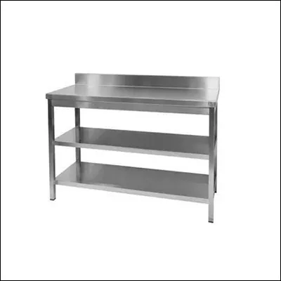Stainless steel work table with solid top, two lower undershelves and rear splashback - commercial prep table
