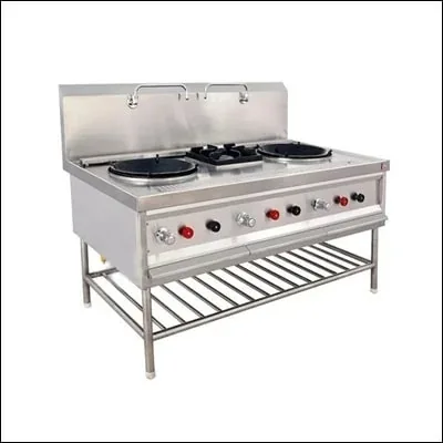 Stainless steel Chinese wok cooking range with deep wok wells and built-in water taps - commercial cooking equipment