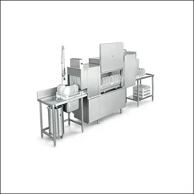 Large stainless steel rack conveyor dishwasher with inlet and outlet tables for high-volume kitchens - commercial conveyor dishwasher