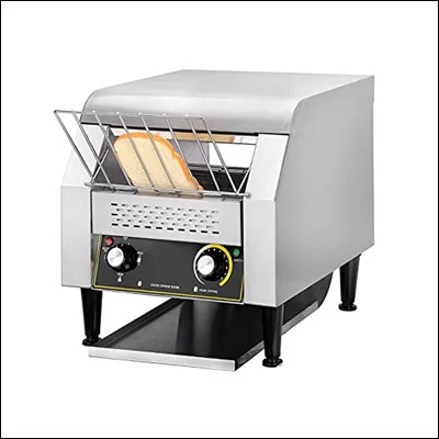Stainless steel conveyor belt toaster with moving wire belt, speed control dial and crumb tray - commercial continuous toaster