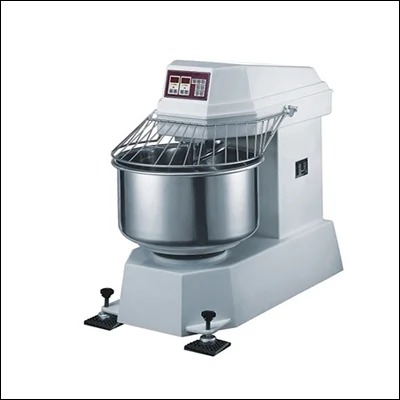 Commercial spiral dough mixer with stainless steel bowl, spiral hook, safety guard and digital timer on a heavy base - bakery dough kneading machine