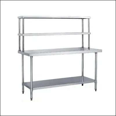 Stainless steel work table with two-tier overhead shelves, splashback and lower undershelf - commercial prep table