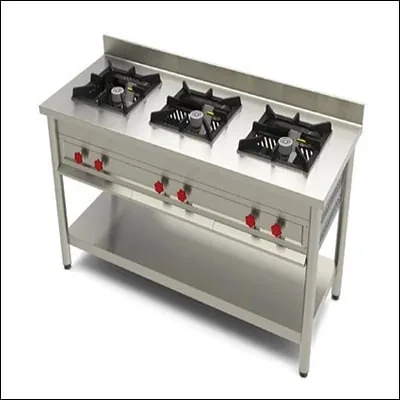 Stainless steel three burner open cooking range on stand with undershelf - commercial cooking equipment