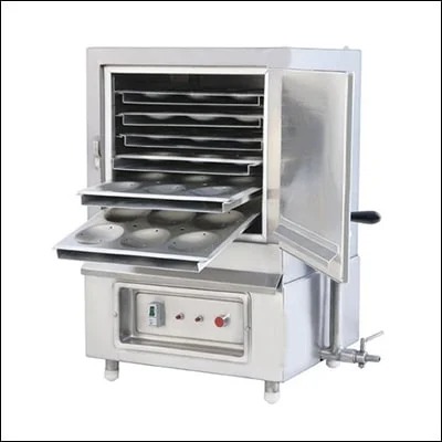 Stainless steel commercial idli steamer cabinet with multiple pull-out trays and hinged door - commercial cooking equipment
