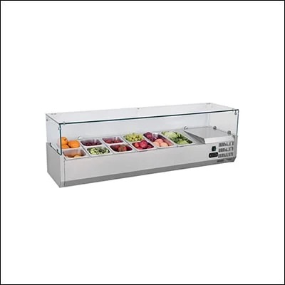 Stainless steel countertop refrigerated topping display with glass canopy and gastronorm pans - commercial garnish rail chiller