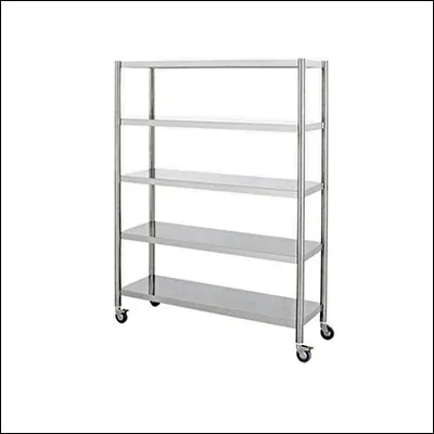 Stainless steel five tier mobile storage rack with solid shelves on four castors - commercial kitchen storage shelving on wheels