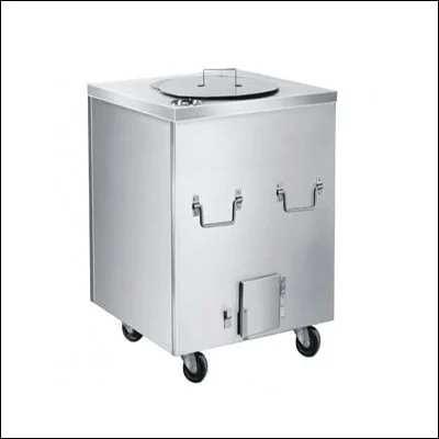 Stainless steel drum tandoor with lid and side handles on castor wheels - commercial cooking equipment