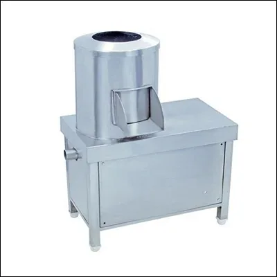 Stainless steel commercial potato peeling machine with drum chamber on cabinet stand - bulk potato peeler