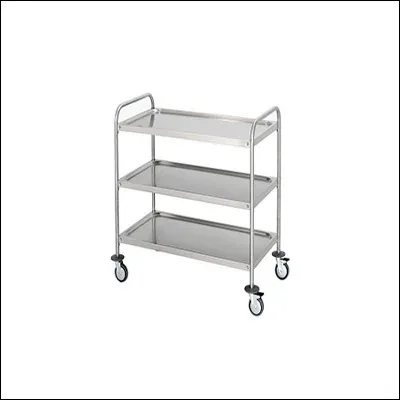Stainless steel three tier service trolley with raised lip shelves, push handle and four castors - commercial utility serving cart