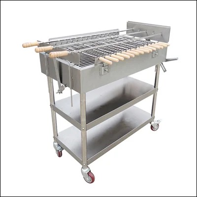 Stainless steel charcoal barbecue grill trolley with rotating skewers, wooden handles and two undershelves on castors - commercial mobile BBQ