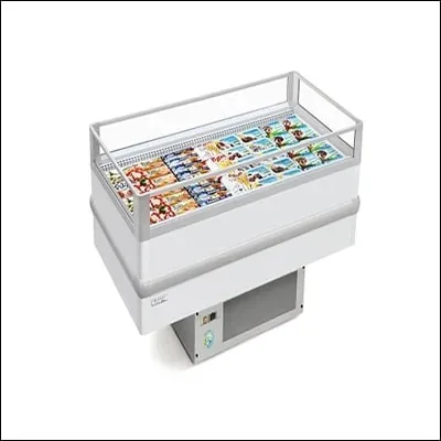 Glass top island display freezer stocked with frozen products for retail merchandising - commercial freestanding showcase freezer