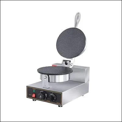 Stainless steel single ice cream cone waffle maker with round non-stick plate and dial controls - commercial cone baking iron