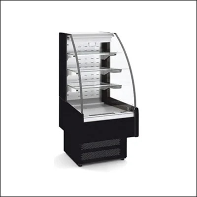 Black open front multideck display chiller with tiered shelves for grab-and-go drinks and snacks - commercial open merchandiser