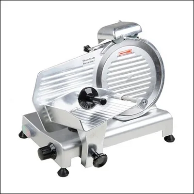 Semi automatic gravity feed meat slicer with large blade and sharpener - commercial deli meat slicing machine