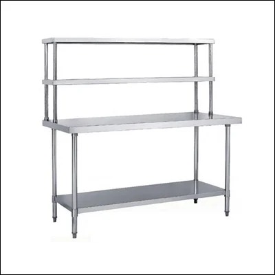 Stainless steel work table with two-tier overhead shelves, splashback and lower undershelf - commercial prep table