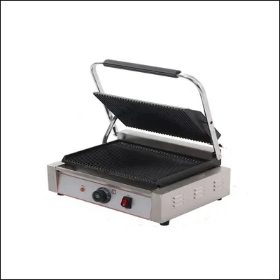 Stainless steel single panini contact grill with ribbed cast iron plates and floating hinged lid - commercial sandwich press