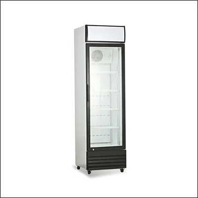 Upright single glass door display visi cooler with illuminated canopy and wire shelves for chilled drinks - commercial beverage cooler