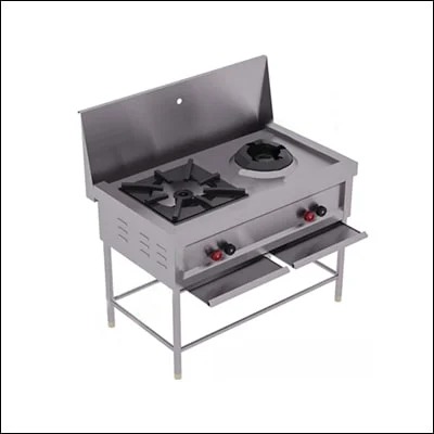 Stainless steel two burner combination range with one open burner and one stock pot burner plus backsplash - commercial cooking equipment