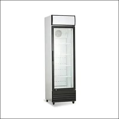 Upright single glass door display visi cooler with illuminated canopy and wire shelves for chilled drinks - commercial beverage cooler