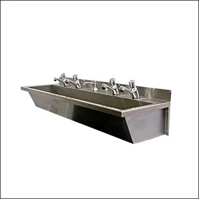 Wall-mounted stainless steel multi-station trough wash basin with multiple pillar taps - commercial hand wash unit