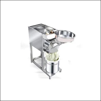 Stainless steel gravy and coconut grinding machine with feed funnel and collection drum on stand - commercial paste grinder