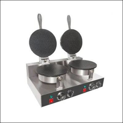 Stainless steel double ice cream cone waffle maker with twin round non-stick plates and individual timer controls - commercial cone baking iron