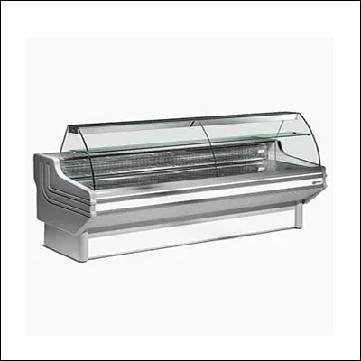 Stainless steel serve-over deli display counter with curved glass front and refrigerated display deck - commercial deli showcase