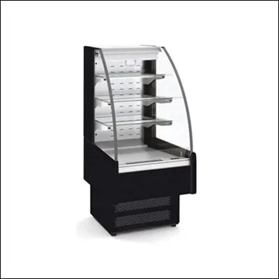 Black open front multideck display chiller with tiered shelves for grab-and-go drinks and snacks - commercial open merchandiser