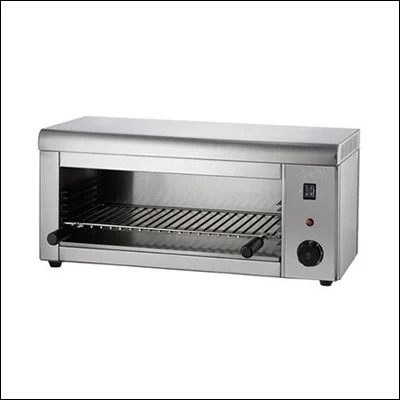 Stainless steel electric salamander grill and cheese melter with adjustable grid shelf and overhead heating element - commercial overhead broiler