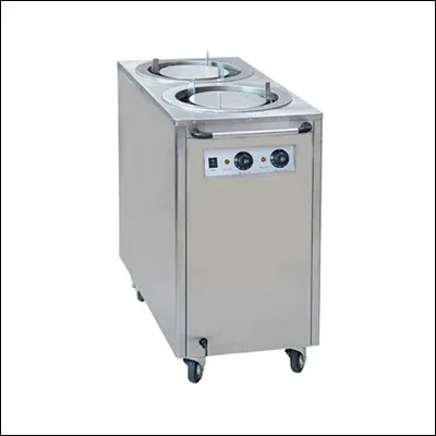 Stainless steel double stack mobile plate warmer dispenser with twin spring-loaded tubes and castors - commercial heated plate dispenser