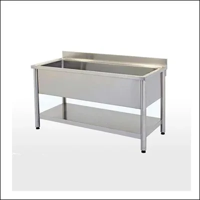 Stainless steel single large bowl sink table with wide wash trough, splashback and undershelf - commercial kitchen sink