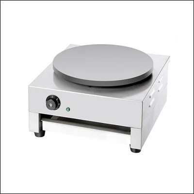 Stainless steel single plate electric crepe maker with round flat cooking surface and temperature dial - commercial pancake griddle