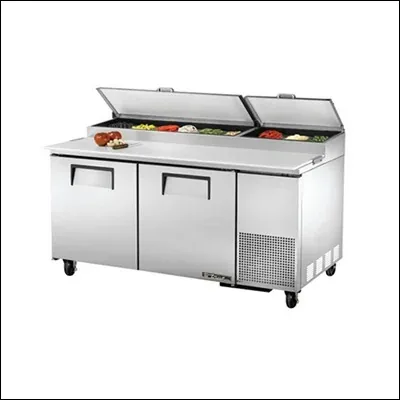 Stainless steel refrigerated pizza prep counter with hinged lid and gastronorm topping pans - commercial prep table chiller