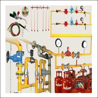 Commercial LPG gas bank and pipeline distribution system with cylinders, manifolds, regulators and pressure gauges - kitchen gas supply installation