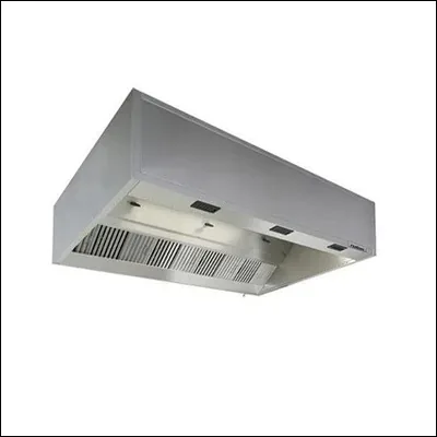 Stainless steel island exhaust hood with stainless baffle filters and lights for central cooking lines - commercial kitchen ventilation
