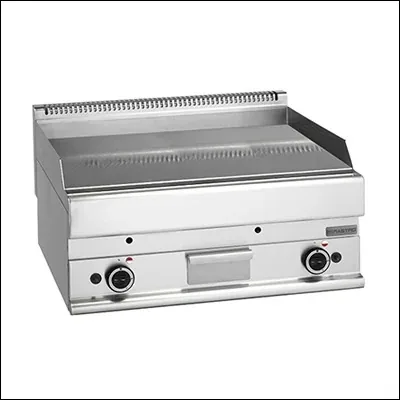 Stainless steel countertop gas flat top griddle with smooth steel plate, grease channel and dual burner controls - commercial hot plate